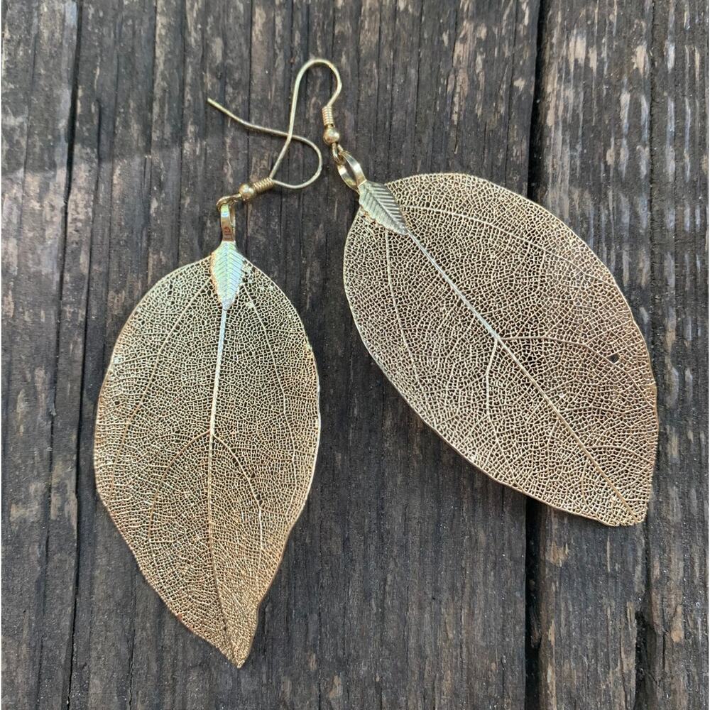 Gold Dipped Long Leaf Earrings - image 5